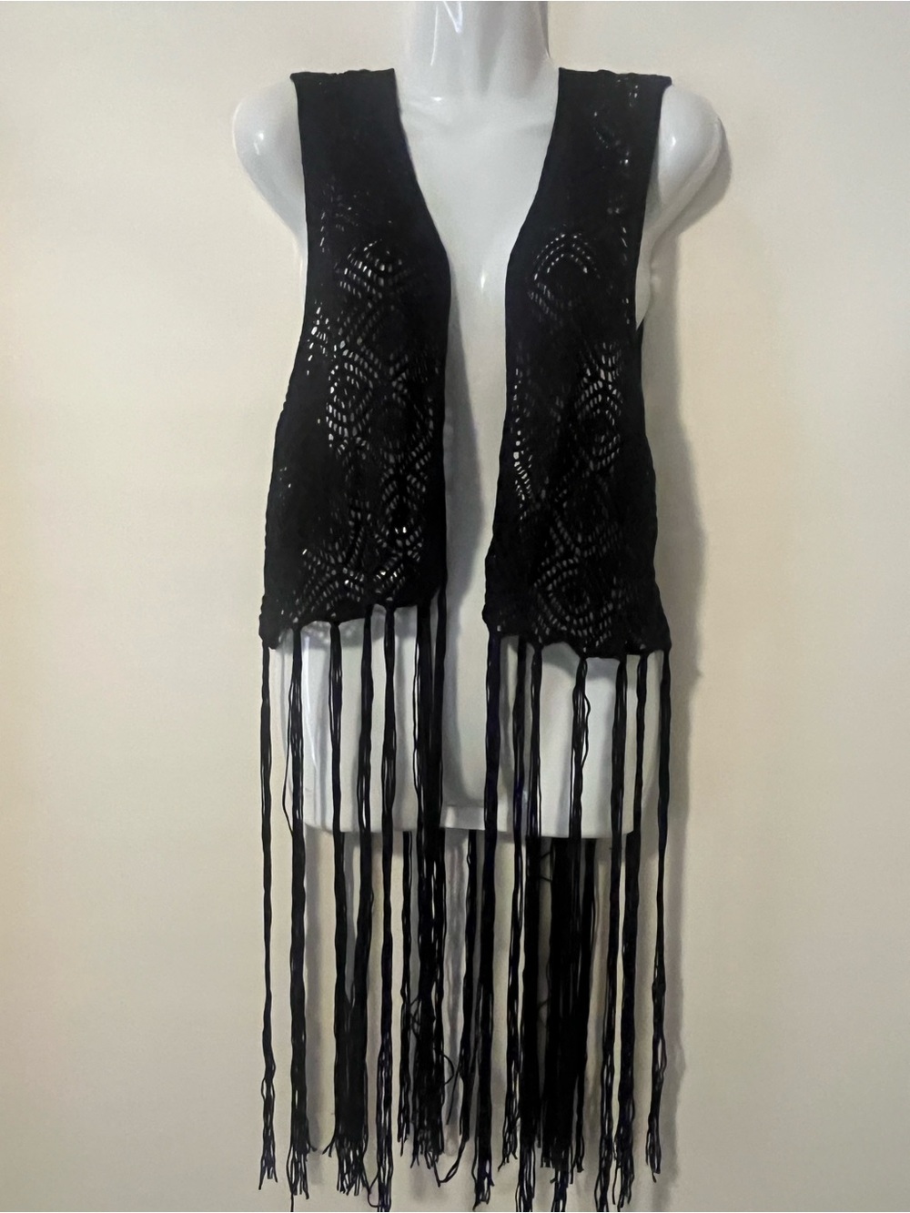 No Boundaries Black Crochet Fringe Swim Cover-Up Vest Size L/XL NWT